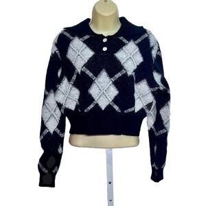 Love + Harmony Crop Sweater Womens SZ Large Black and White Argyle Chunky Retro